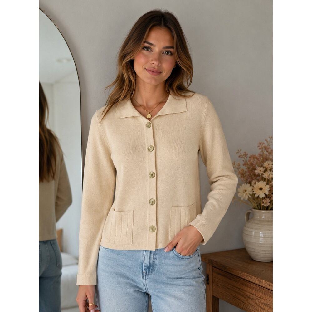 Vintage Donadio Italy Beige Knit Cardigan Sweater Medium Collared Button Front